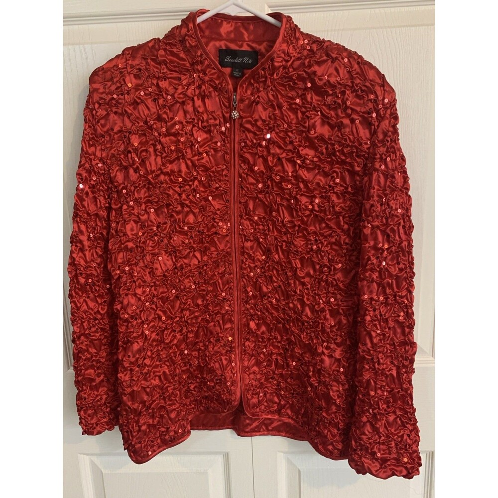 Vintage Scarlett Nite Red Sequence Coat Top Womans XL Crinkle Taylor Swift